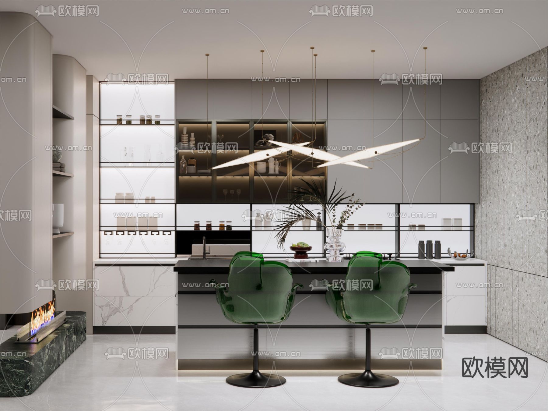 开放式厨房 橱柜su模型下载（渲染图1）