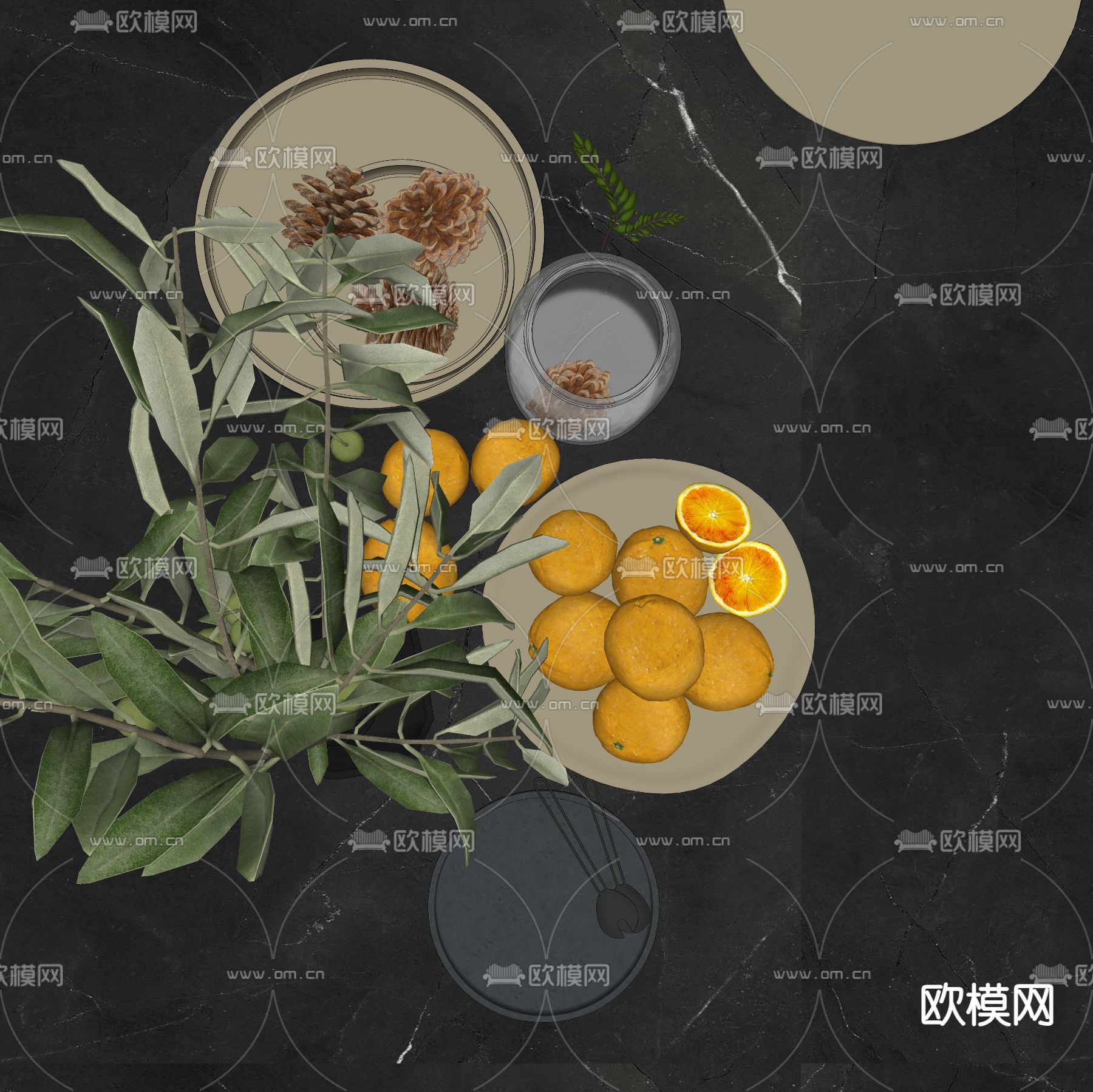 橘子 松果 水果 果盘su模型下载（渲染图2）