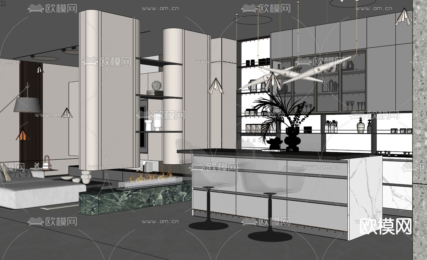 开放式厨房 橱柜su模型下载（渲染图3）