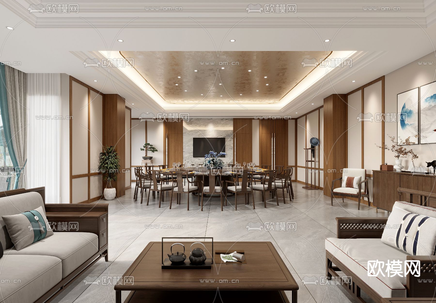 新中式餐厅包厢su模型下载（渲染图1）