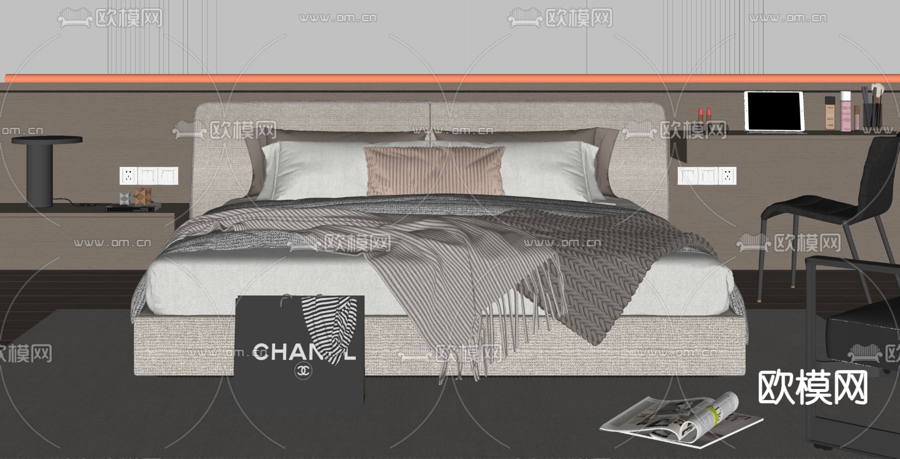 现代双人床su模型下载（渲染图2）
