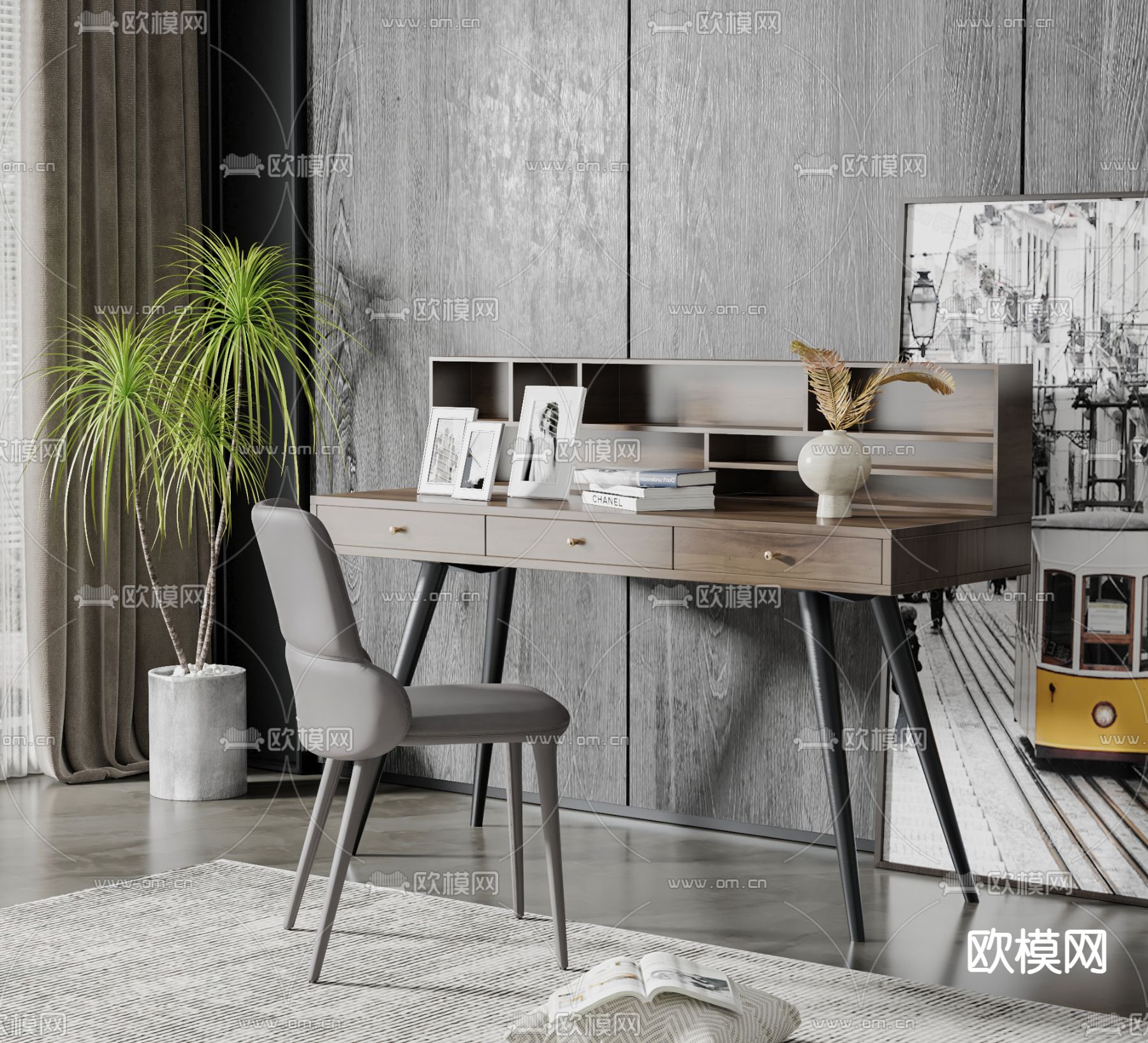 现代书桌 写字台su模型下载（渲染图2）