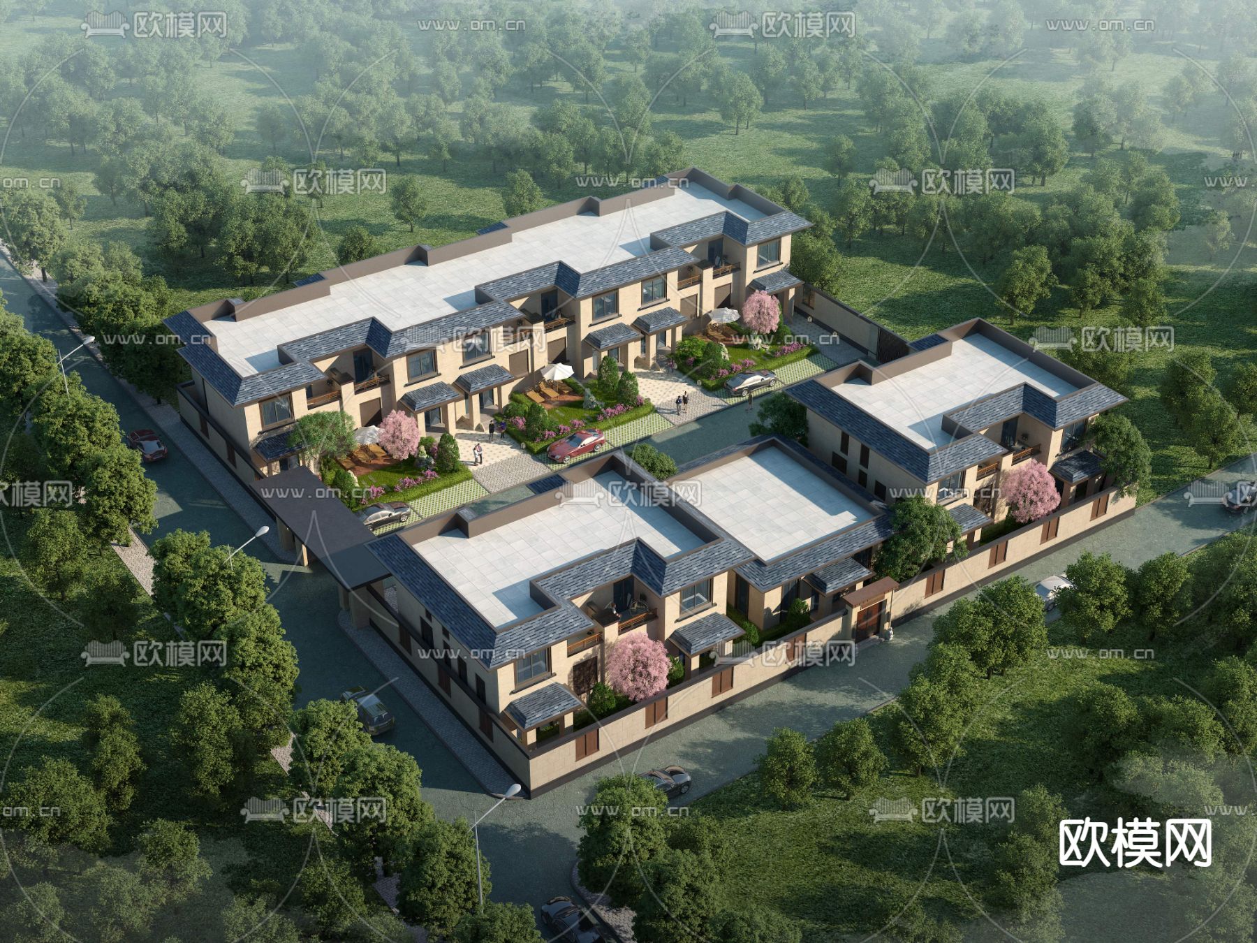 中式别墅鸟瞰3d模型下载