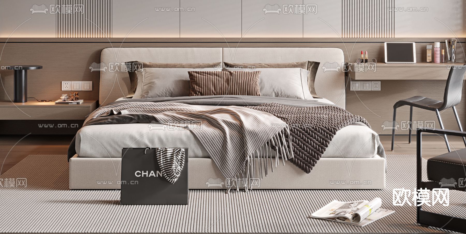 现代双人床su模型下载（渲染图1）