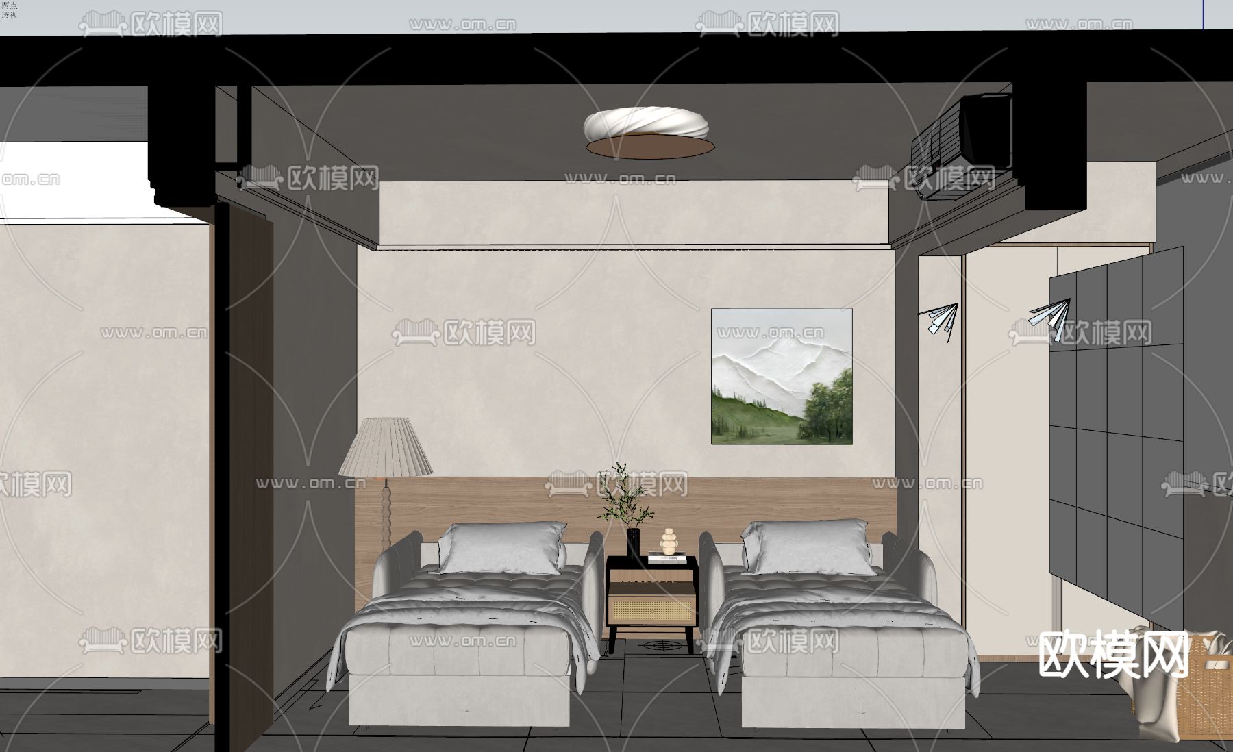 双人房 卧室 次卧su模型下载（渲染图3）