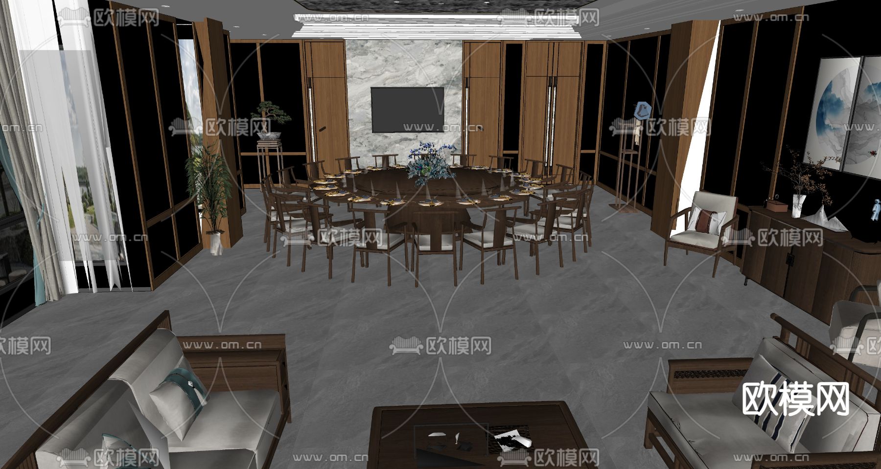 新中式餐厅包厢su模型下载（渲染图2）