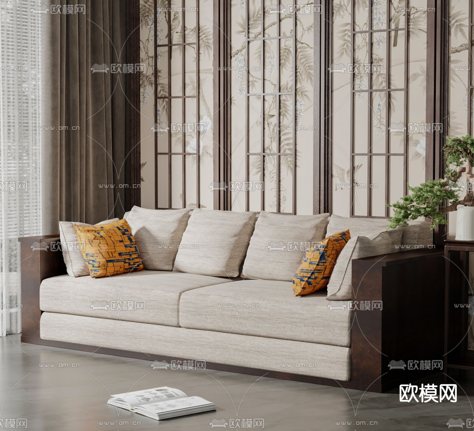 新中式多人沙发su模型下载（渲染图1）