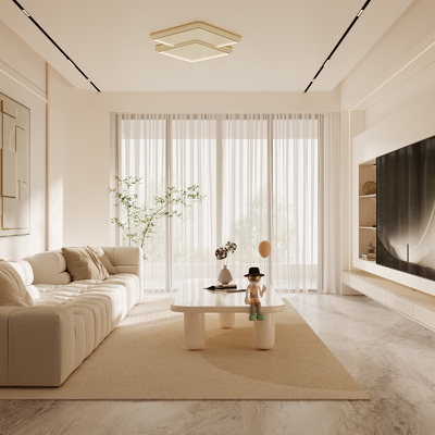 奶油风客厅su模型