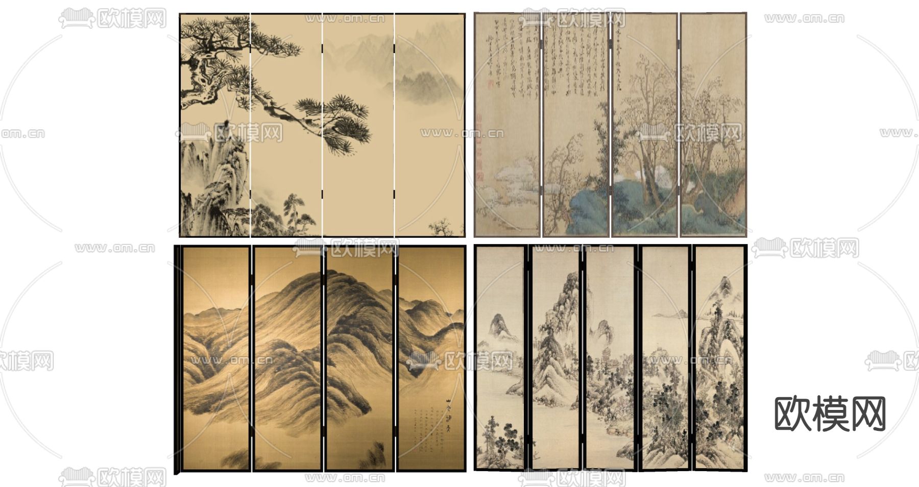 新中式屏风 隔断 字画su模型下载（渲染图2）