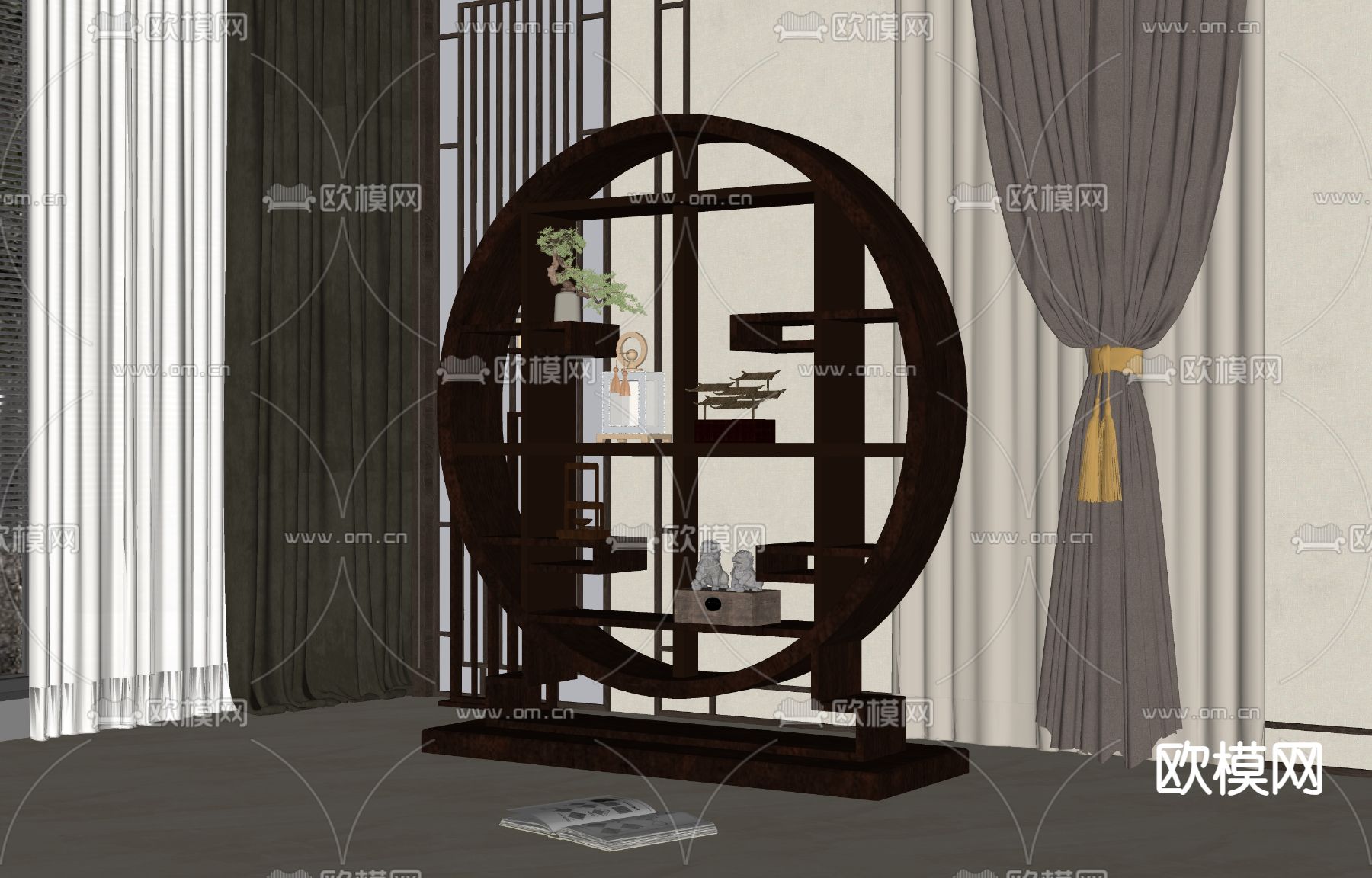 新中式博古架su模型下载（渲染图2）
