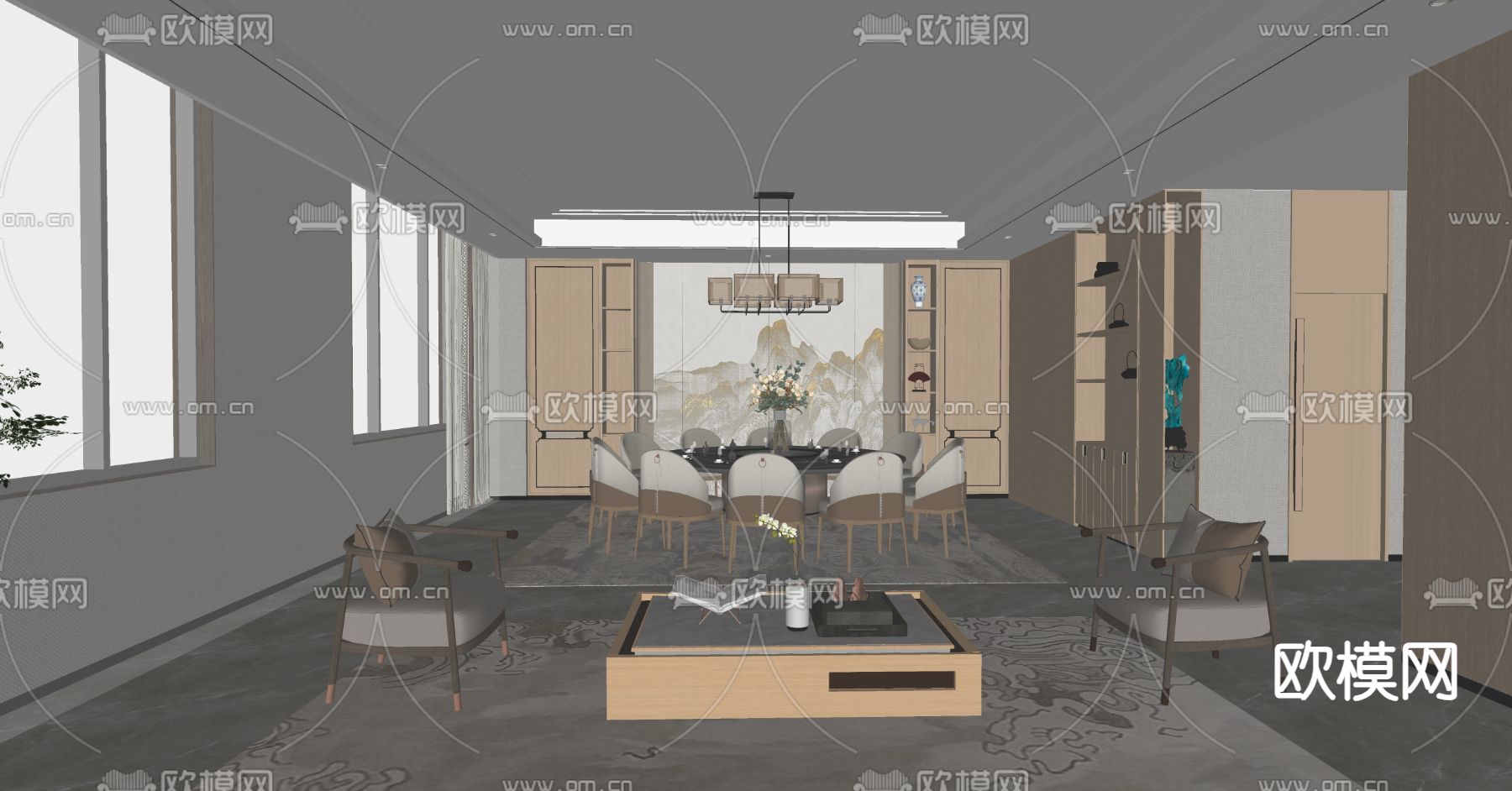 新中式餐厅包厢su模型下载（渲染图2）