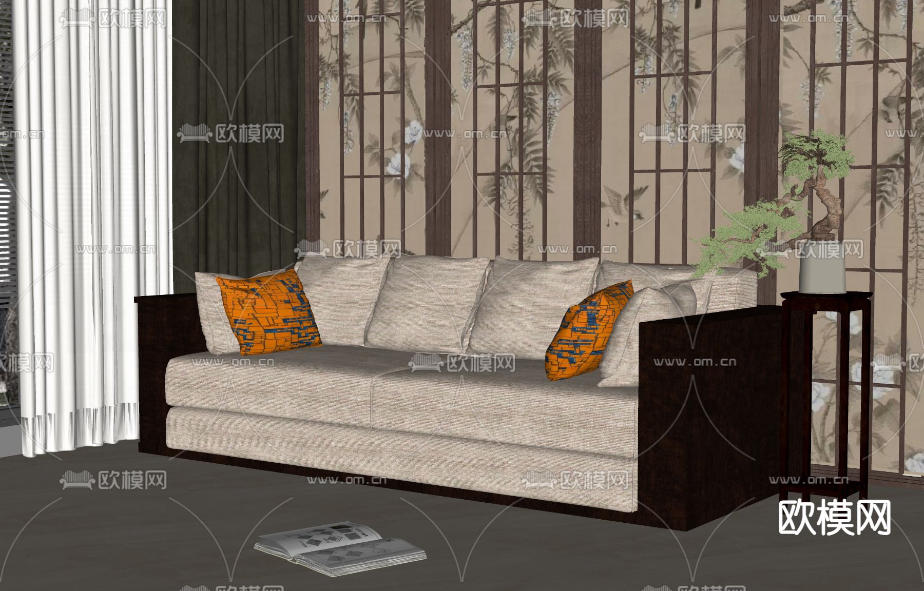 新中式多人沙发su模型下载（渲染图2）