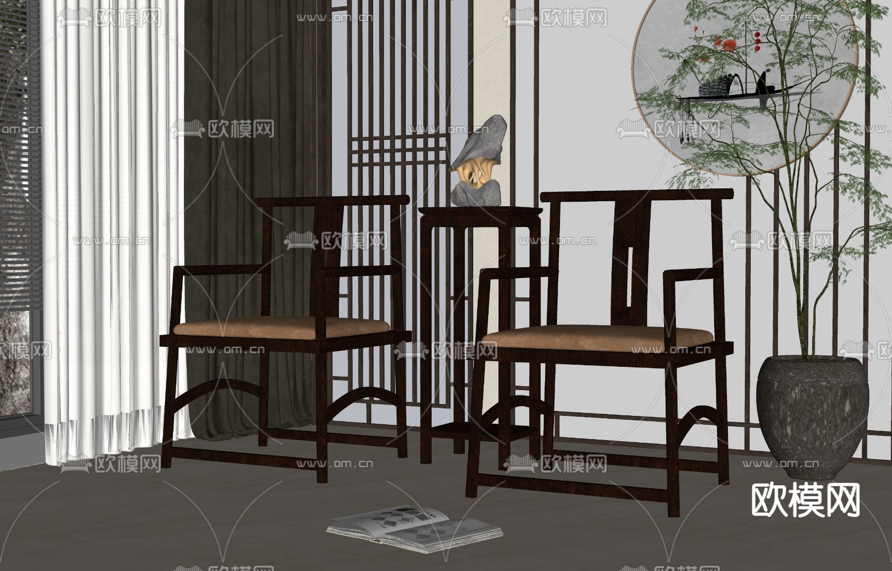 新中式椅子 休闲椅su模型下载（渲染图2）