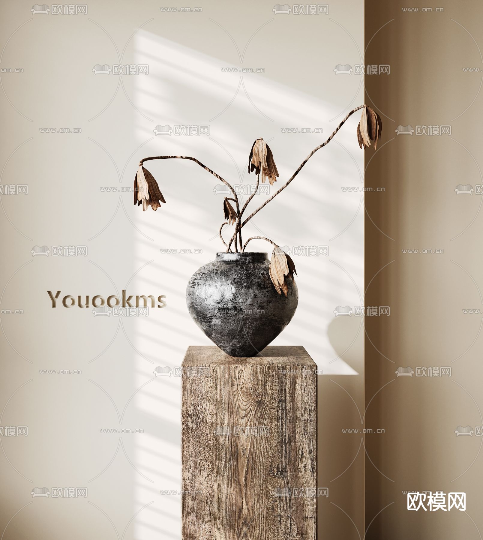 侘寂花瓶 陶罐 干花 插花3d模型下载