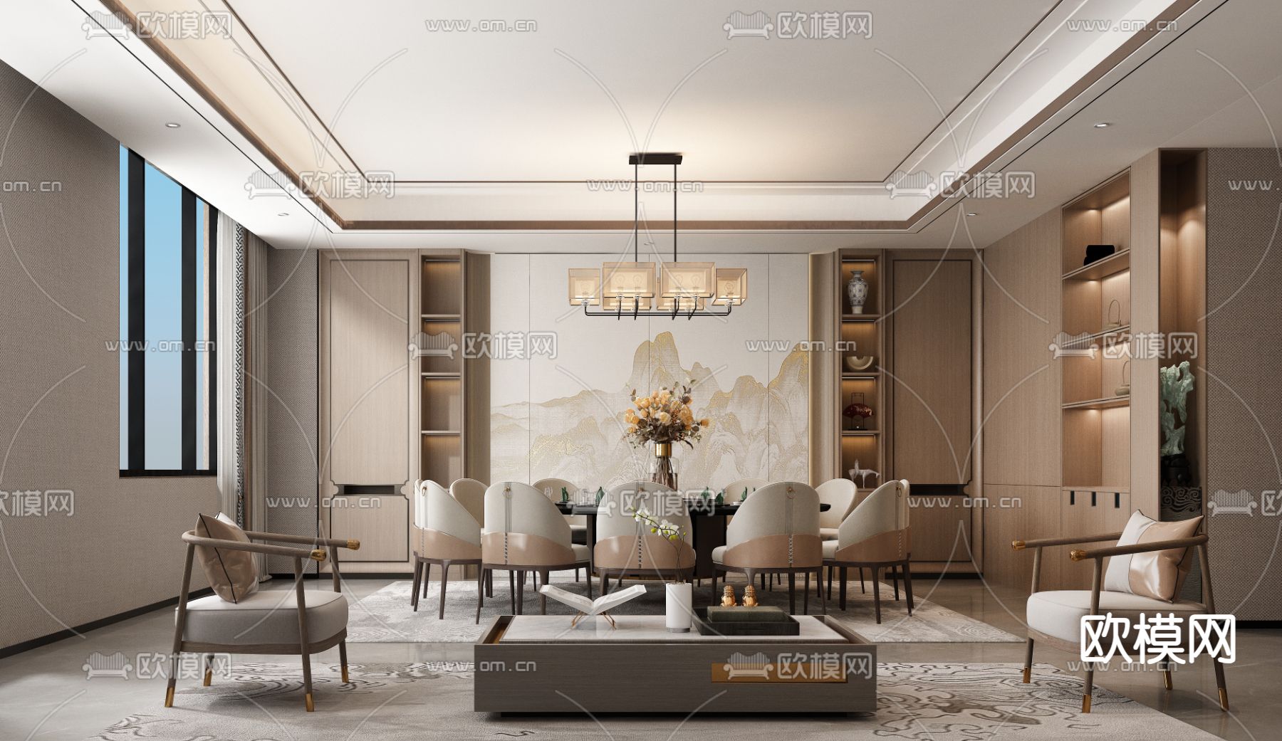 新中式餐厅包厢su模型下载（渲染图1）