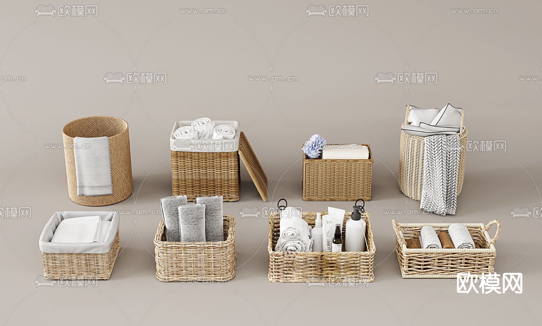 藤编脏衣篓 收纳筐 竹筐 箩筐3d模型下载