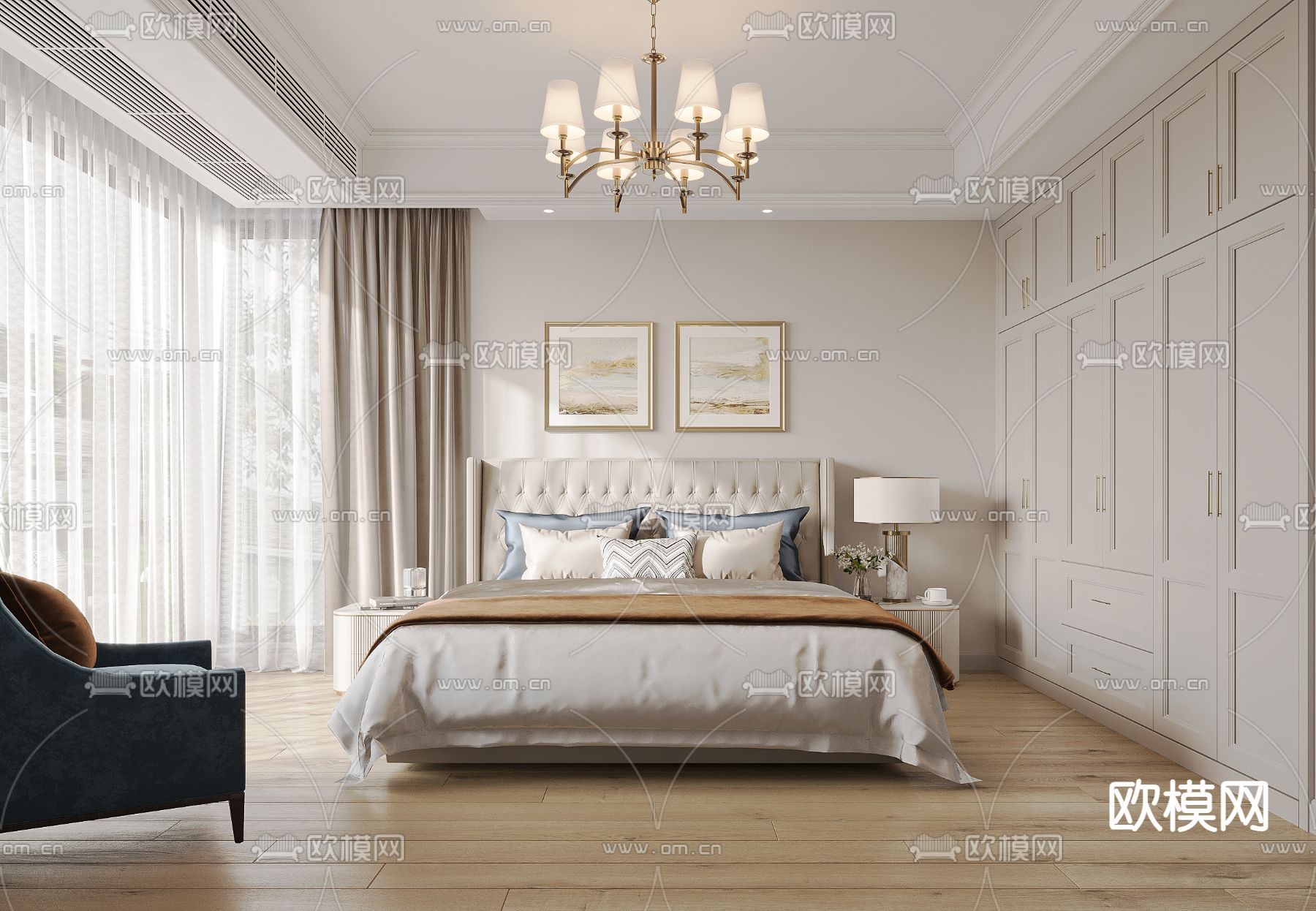 美式卧室 主卧 主人房3d模型下载（渲染图1）