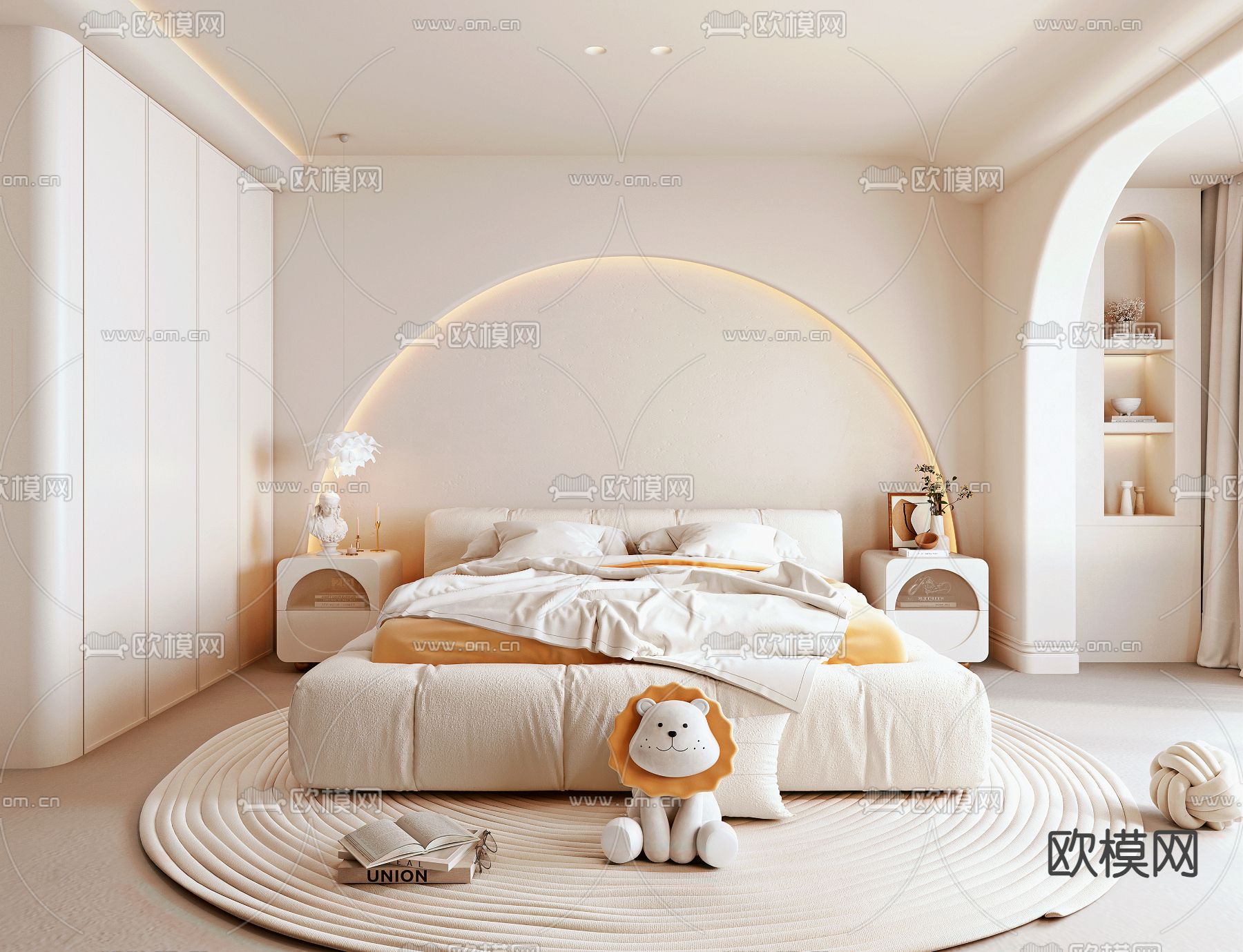 奶油风卧室 主卧 主人房3d模型下载（渲染图1）