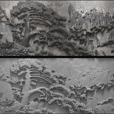  新中式浮雕 山水砖雕su模型 