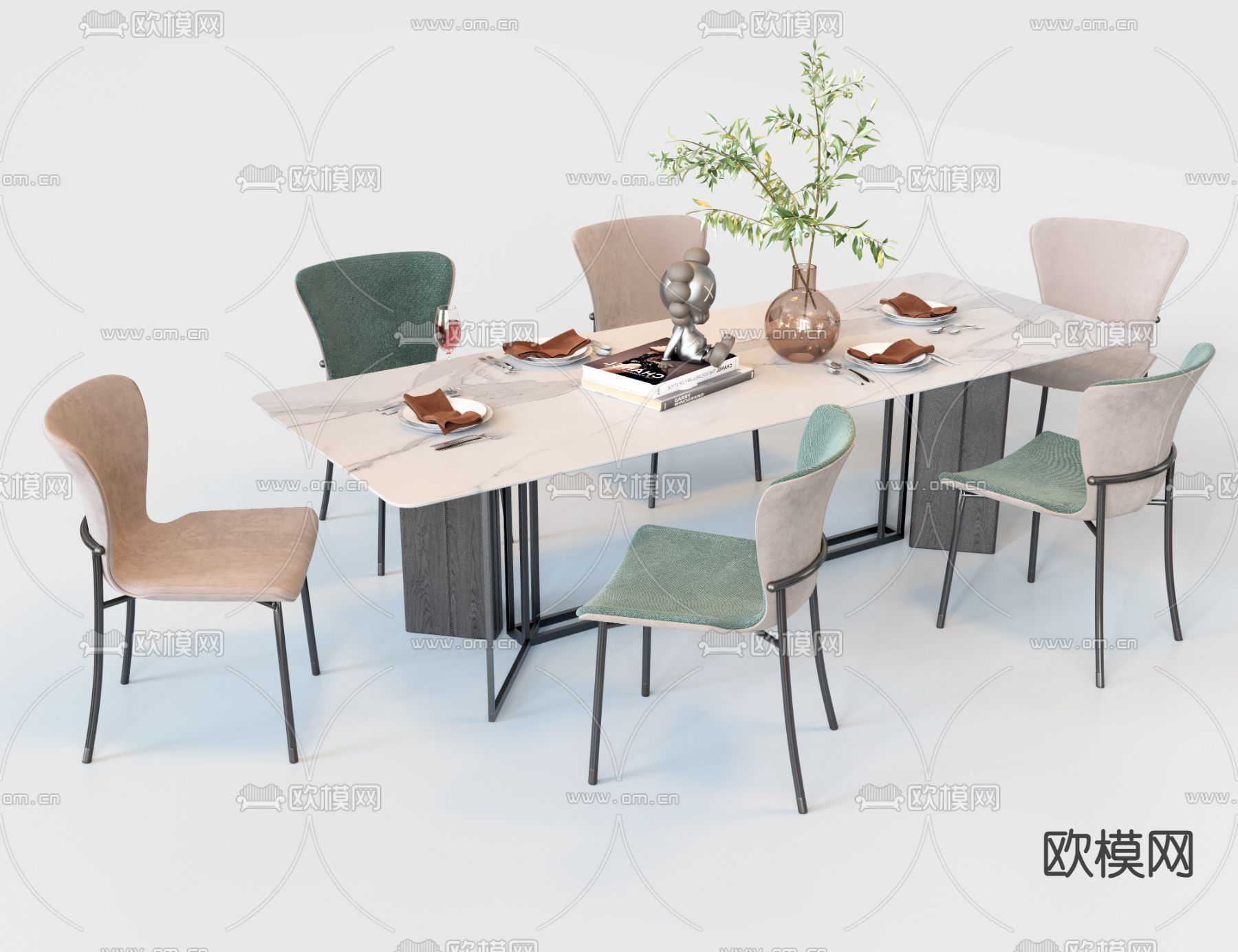 现代餐桌椅 岩板餐桌3d模型下载（渲染图2）