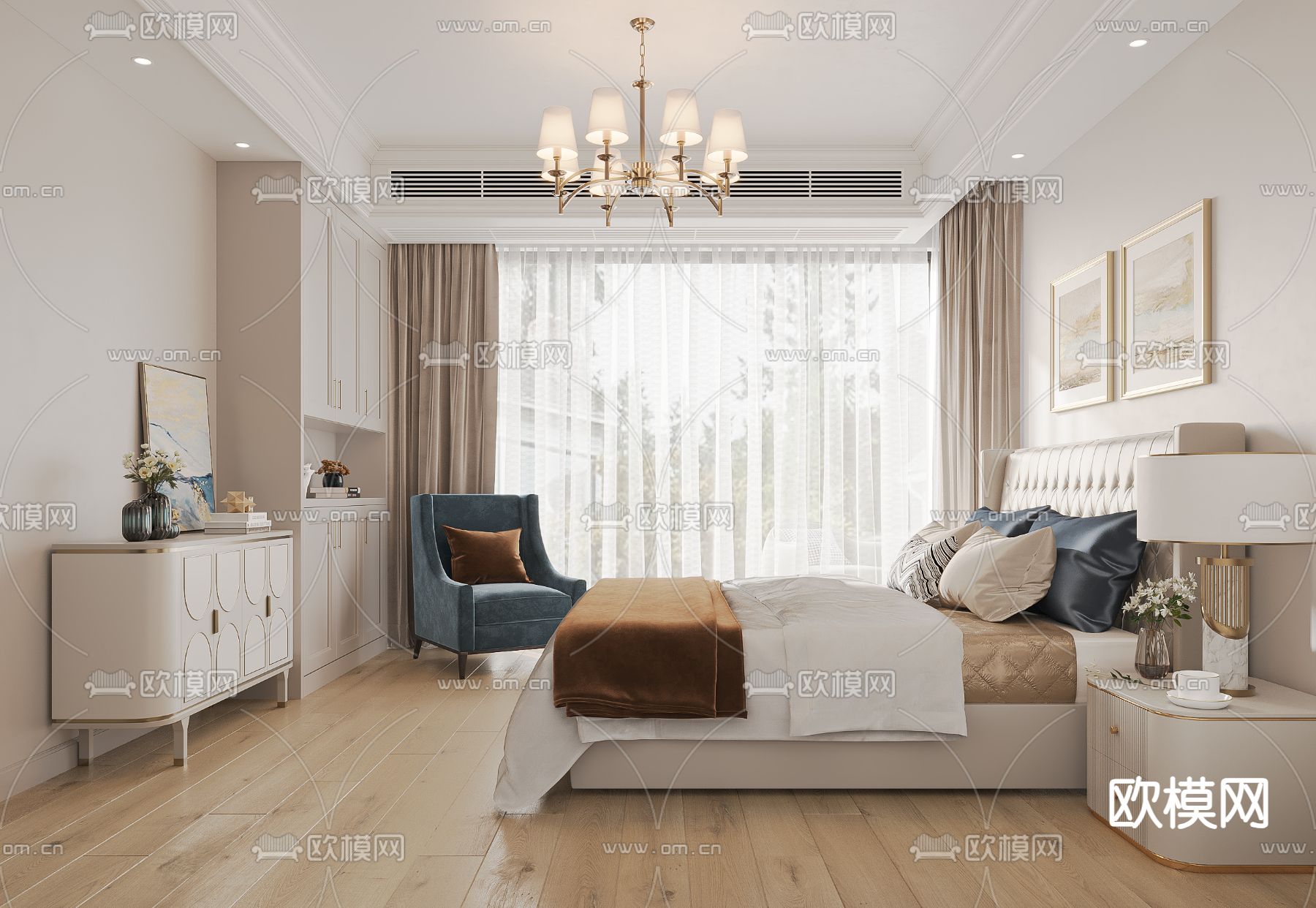 美式卧室 主卧 主人房3d模型下载（渲染图2）