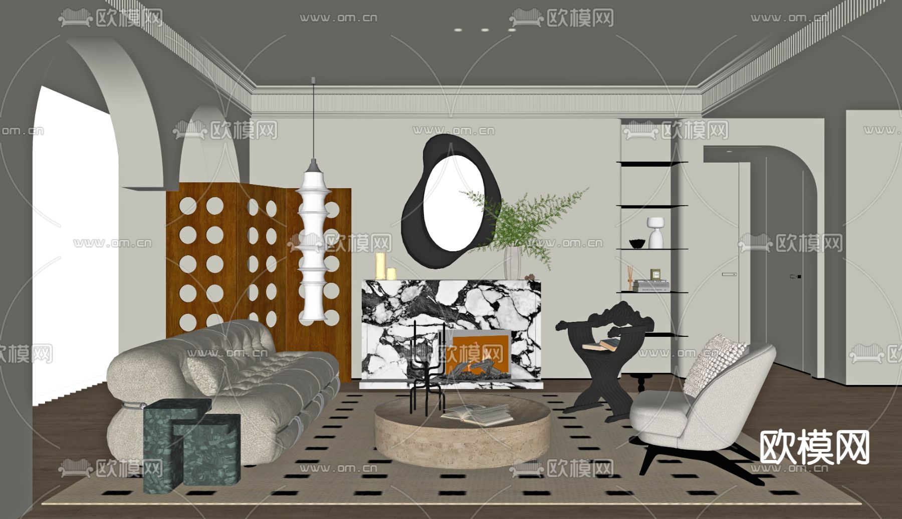 中古风客厅su模型下载（渲染图2）