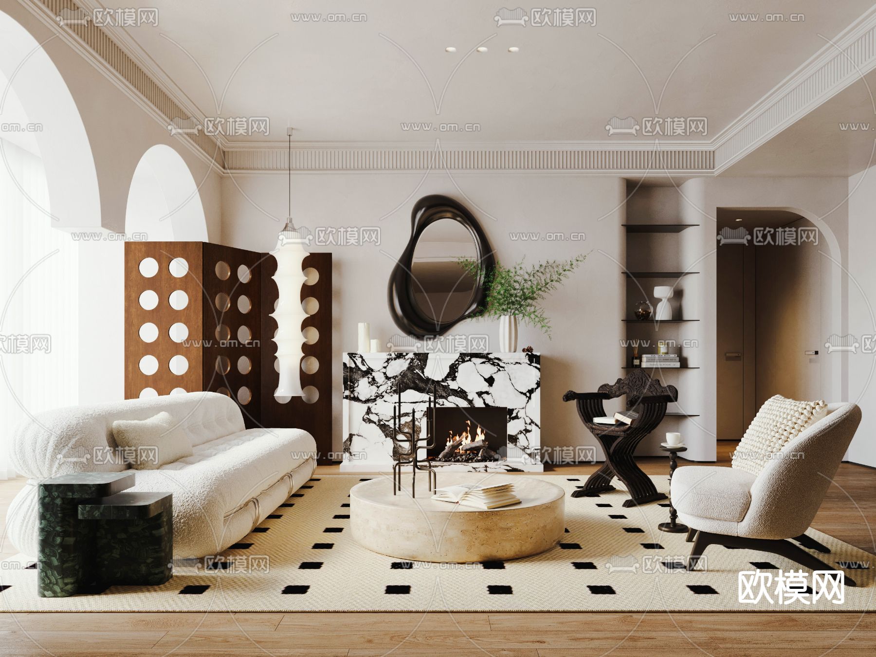 中古风客厅su模型下载（渲染图1）