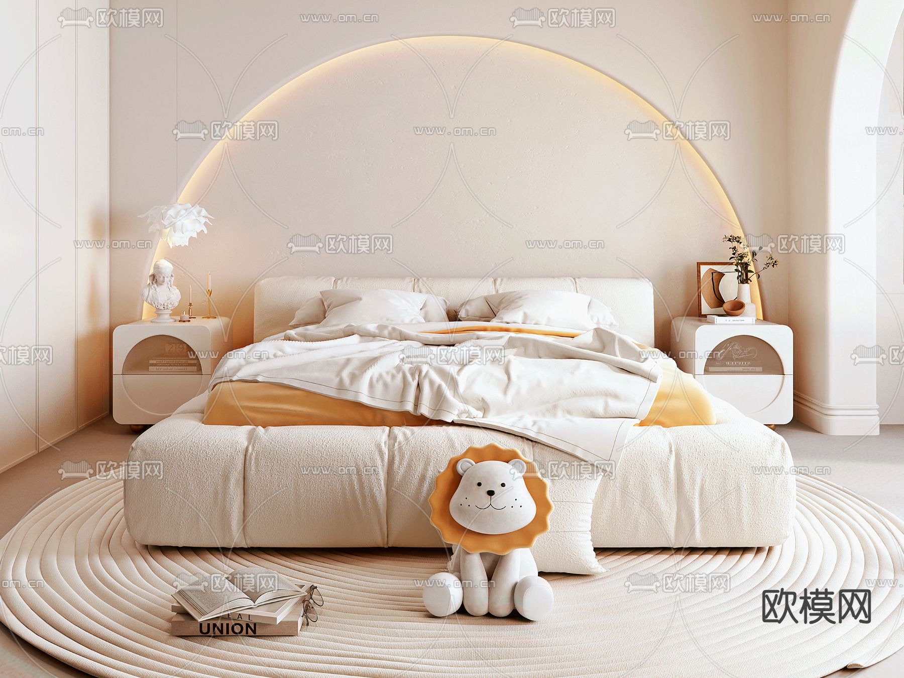 奶油风卧室 主卧 主人房3d模型下载（渲染图2）