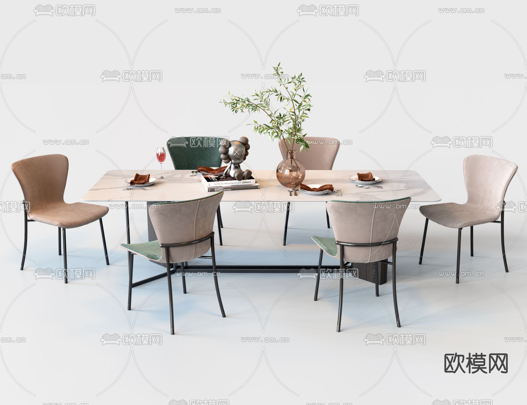 现代餐桌椅 岩板餐桌3d模型下载（渲染图1）