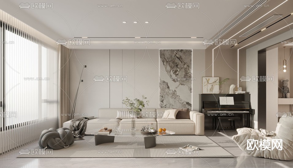 现代客厅 餐厅3d模型下载(渲染图1)