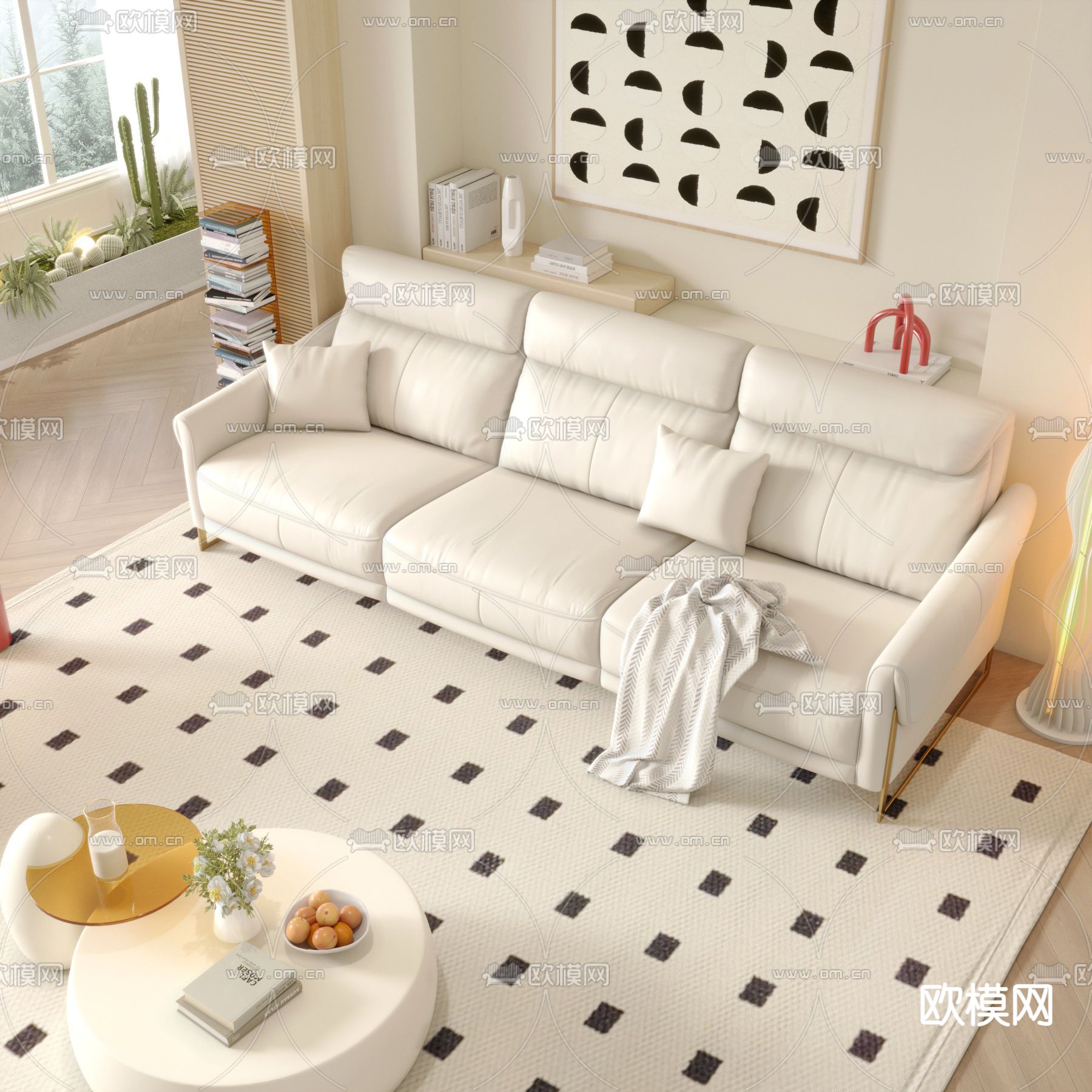 皮沙发 奶油风沙发 三人沙发 3d模型下载（渲染图2）