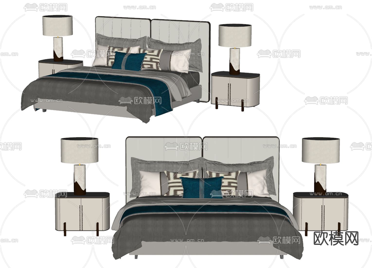 新中式双人床su模型下载（渲染图2）