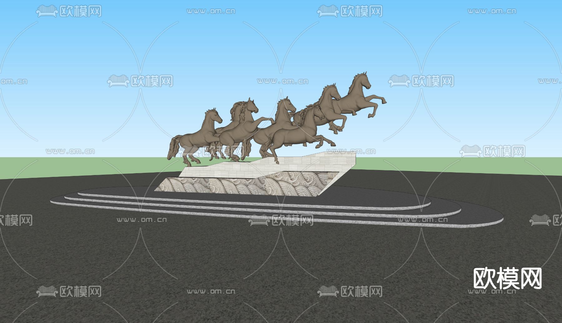 新古典万马奔腾雕塑su模型下载（渲染图2）