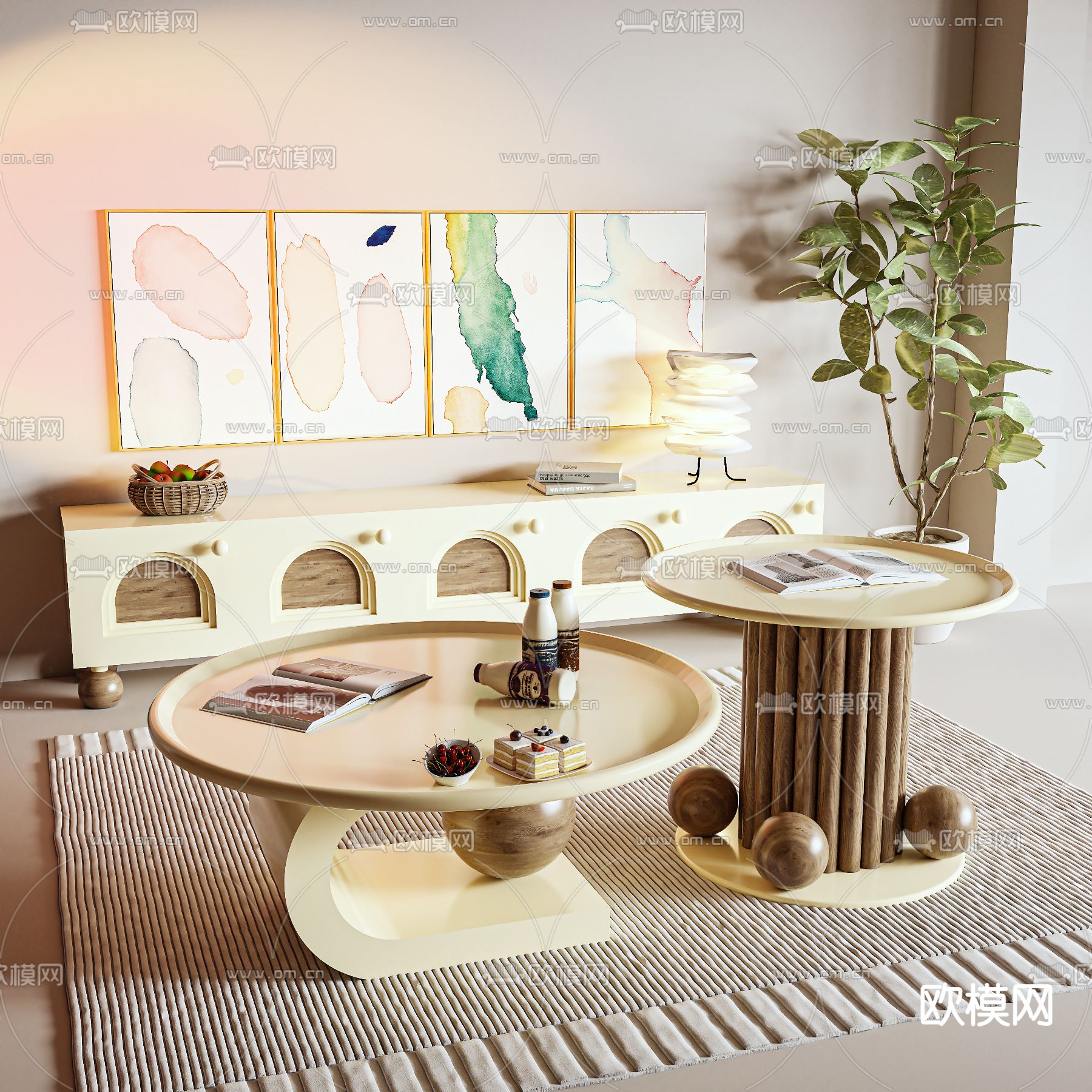 奶油风茶几 子母茶几3d模型下载