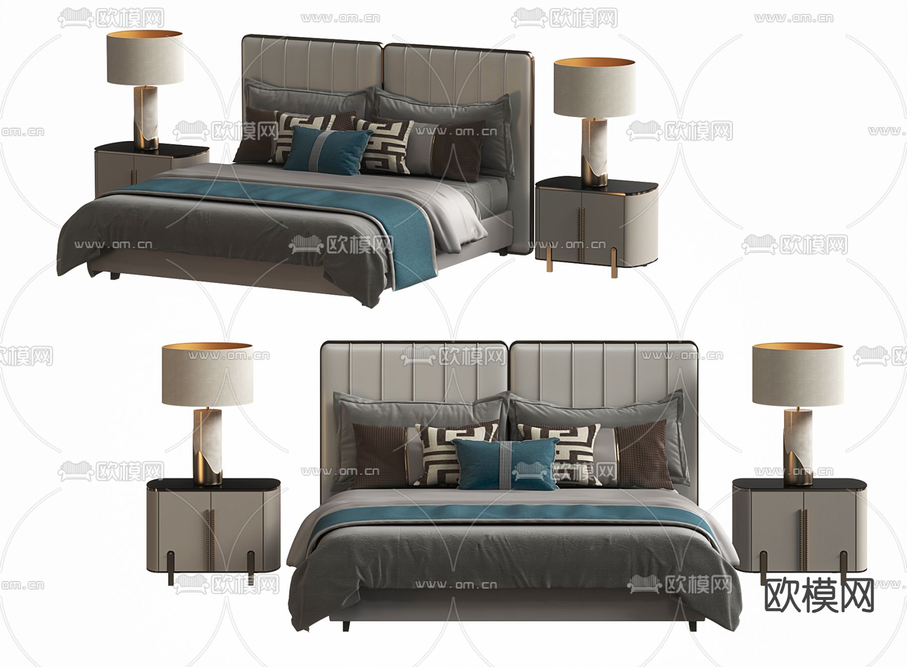 新中式双人床su模型下载（渲染图1）