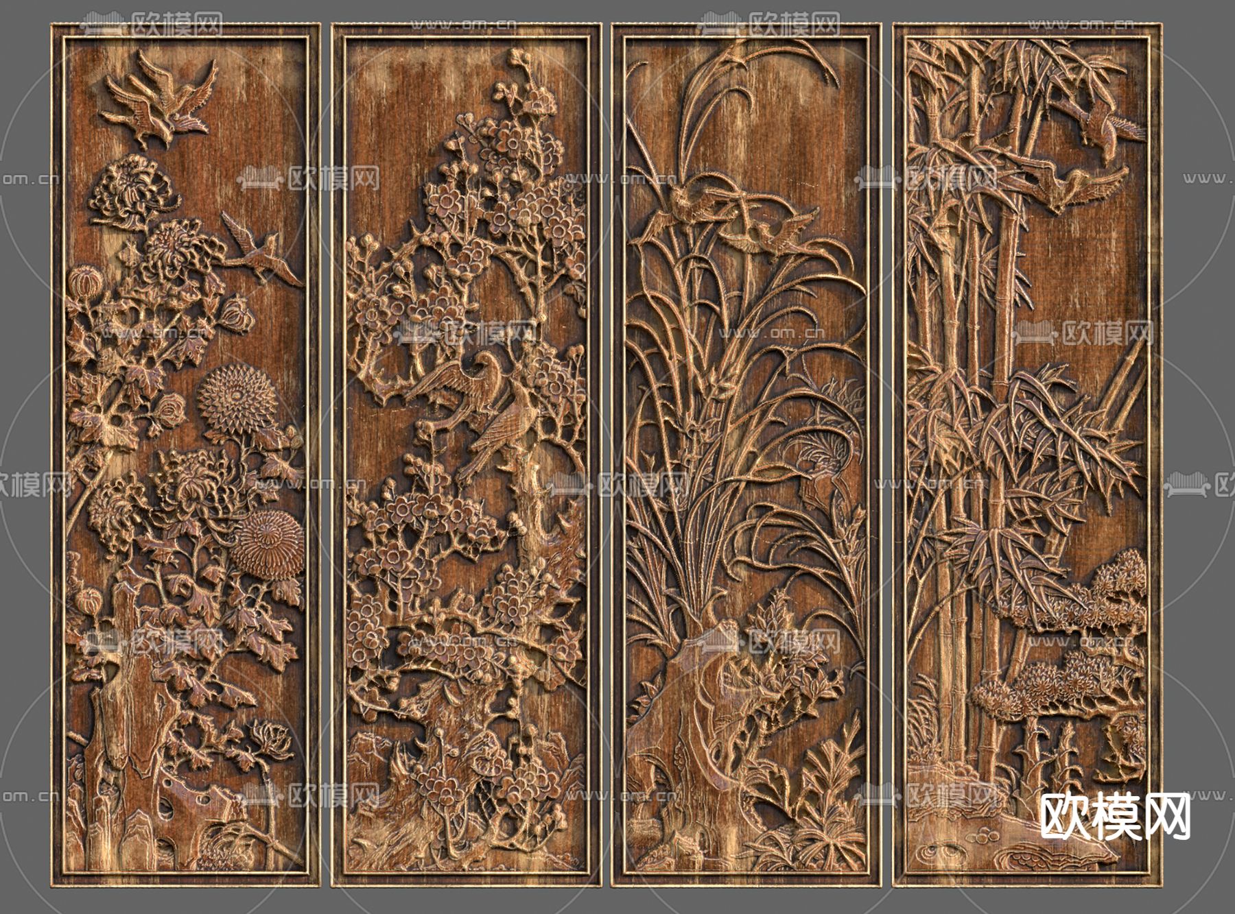 新中式花鸟浮雕su模型下载（渲染图1）