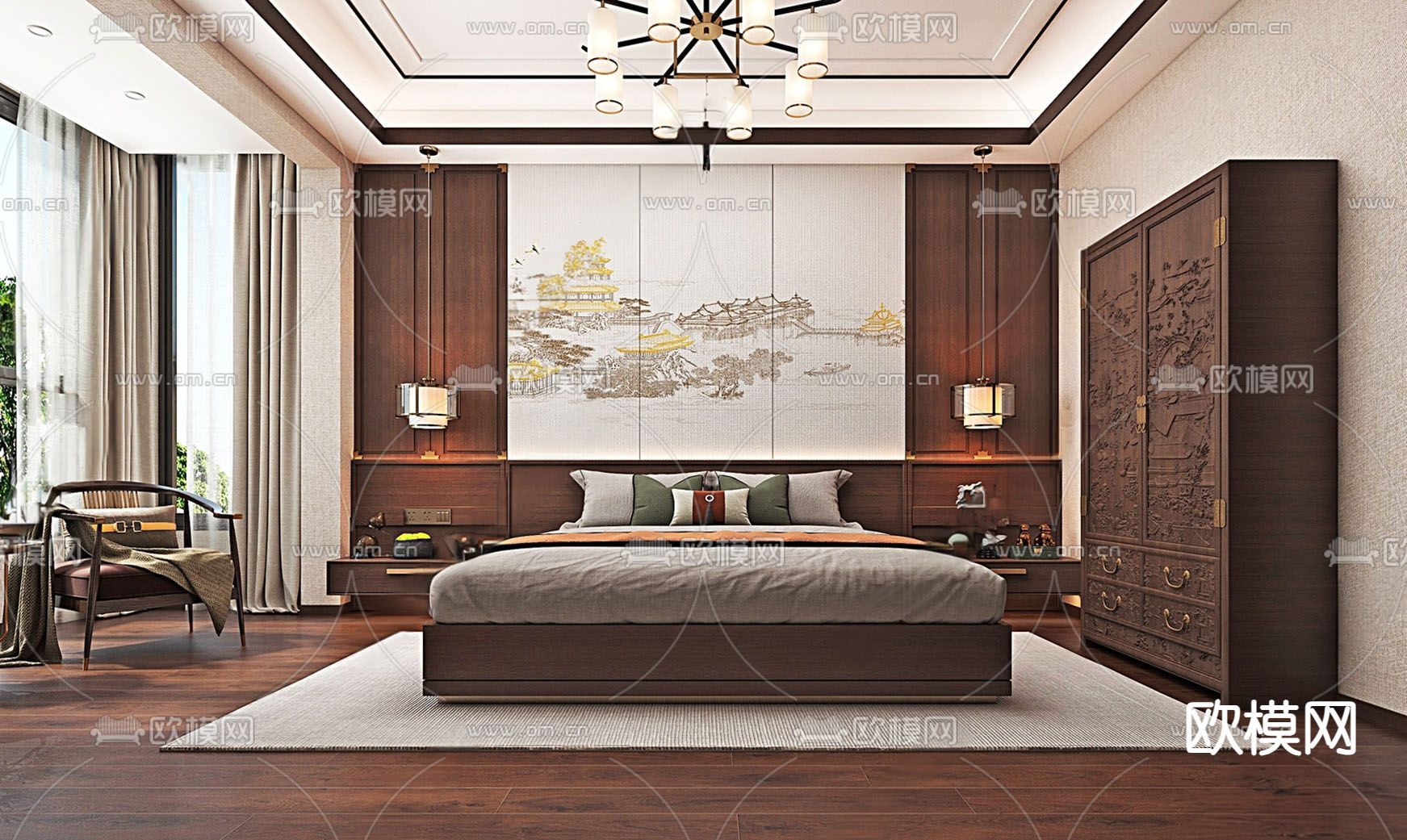 中式卧室su模型下载（渲染图1）