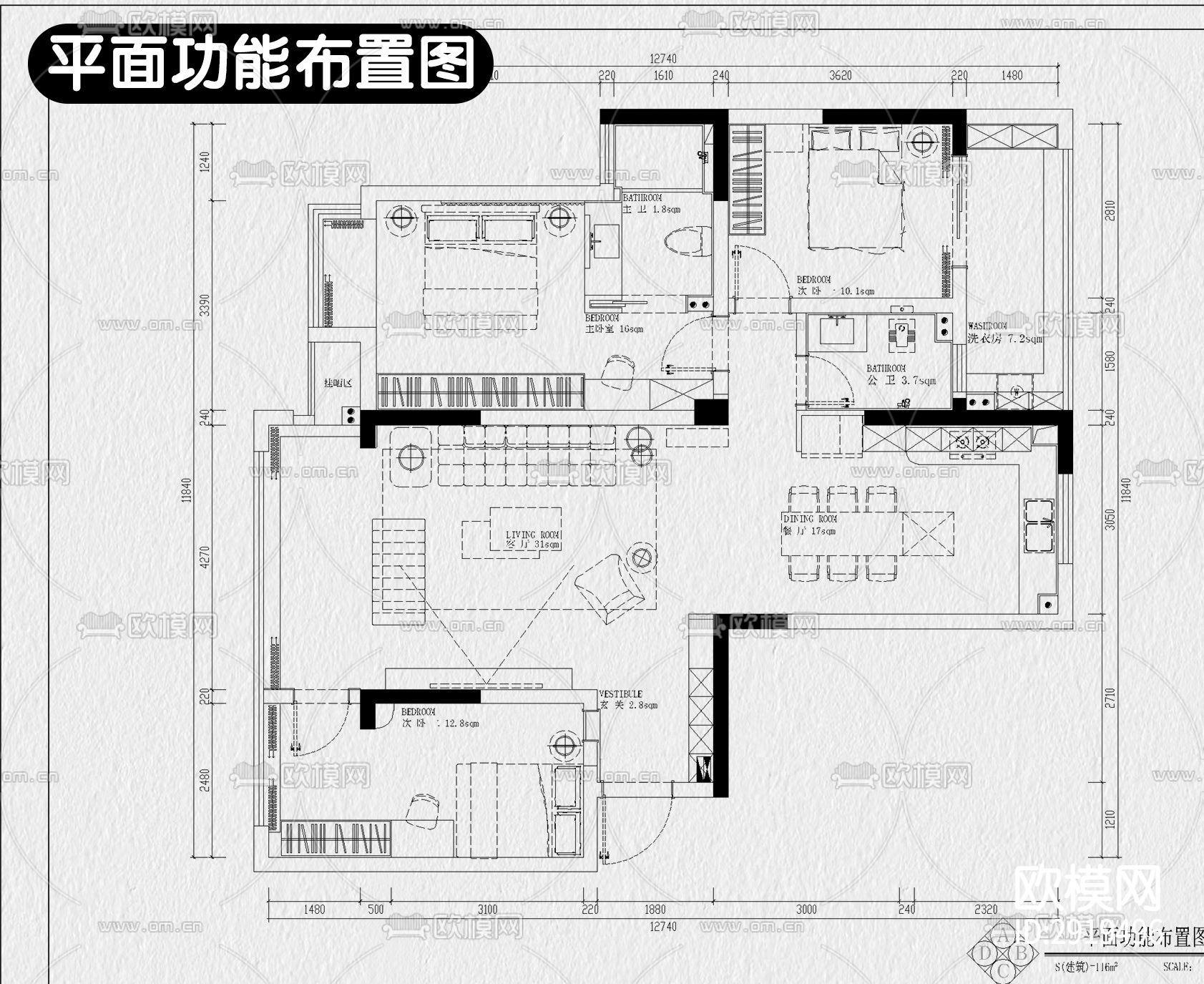 法式家装cad施工图下载（渲染图3）