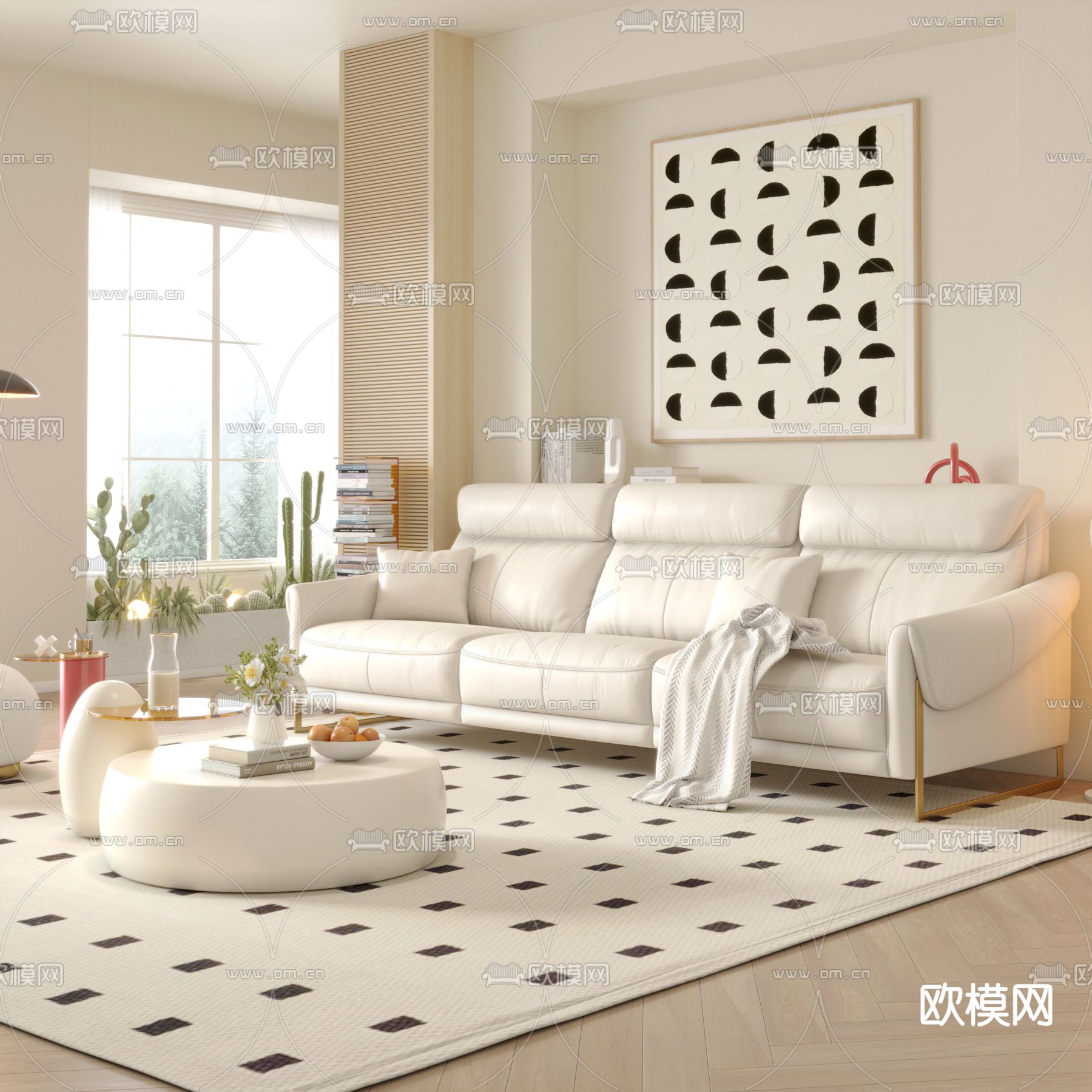 皮沙发 奶油风沙发 三人沙发 3d模型下载（渲染图1）