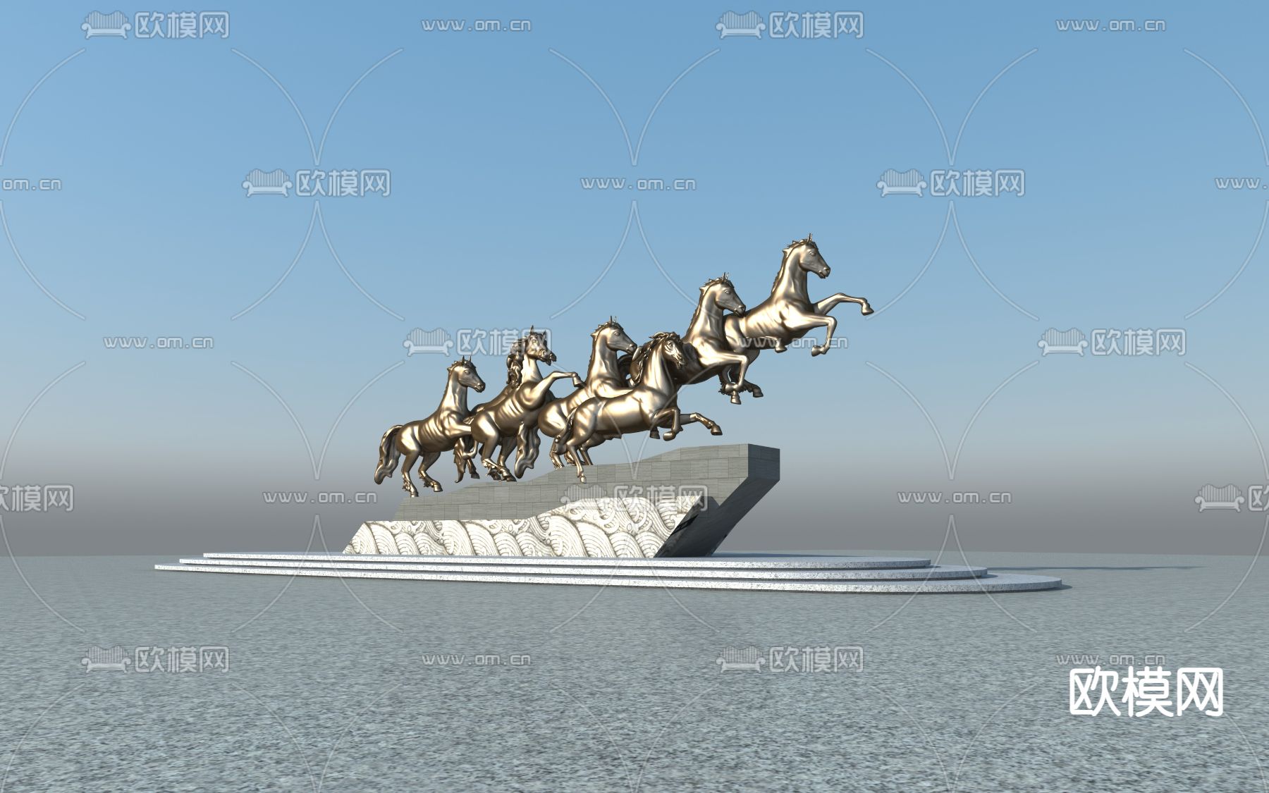 新古典万马奔腾雕塑su模型下载（渲染图1）