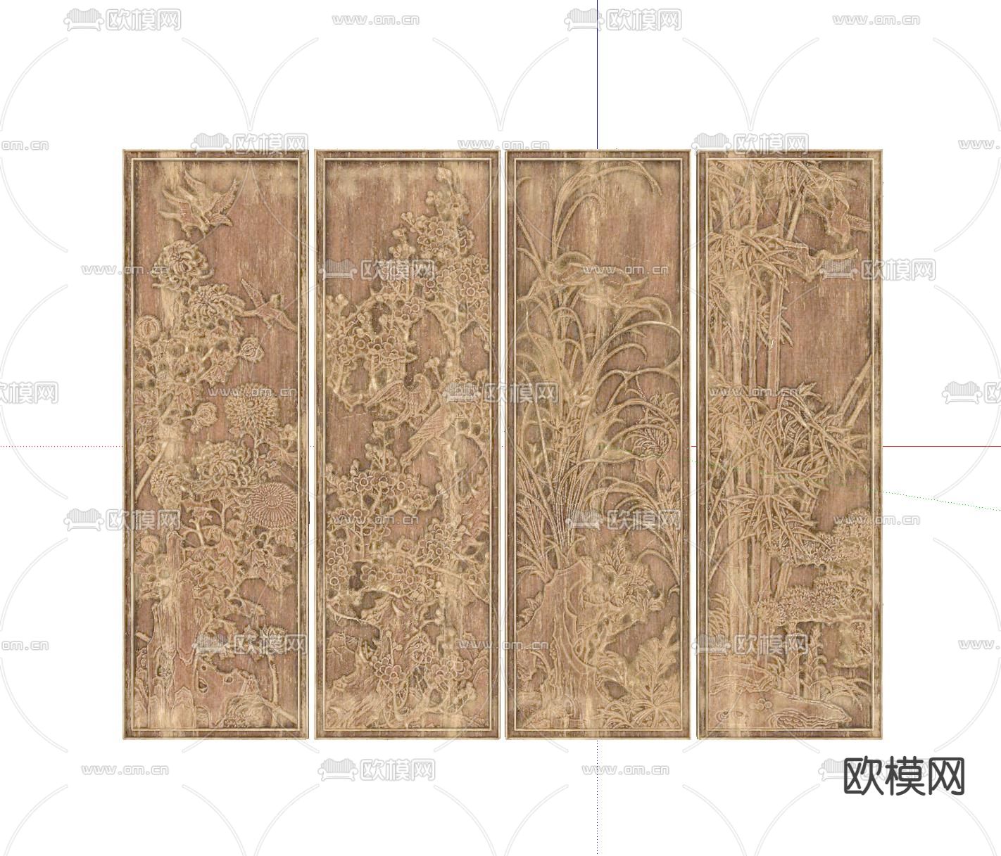 新中式花鸟浮雕su模型下载（渲染图3）