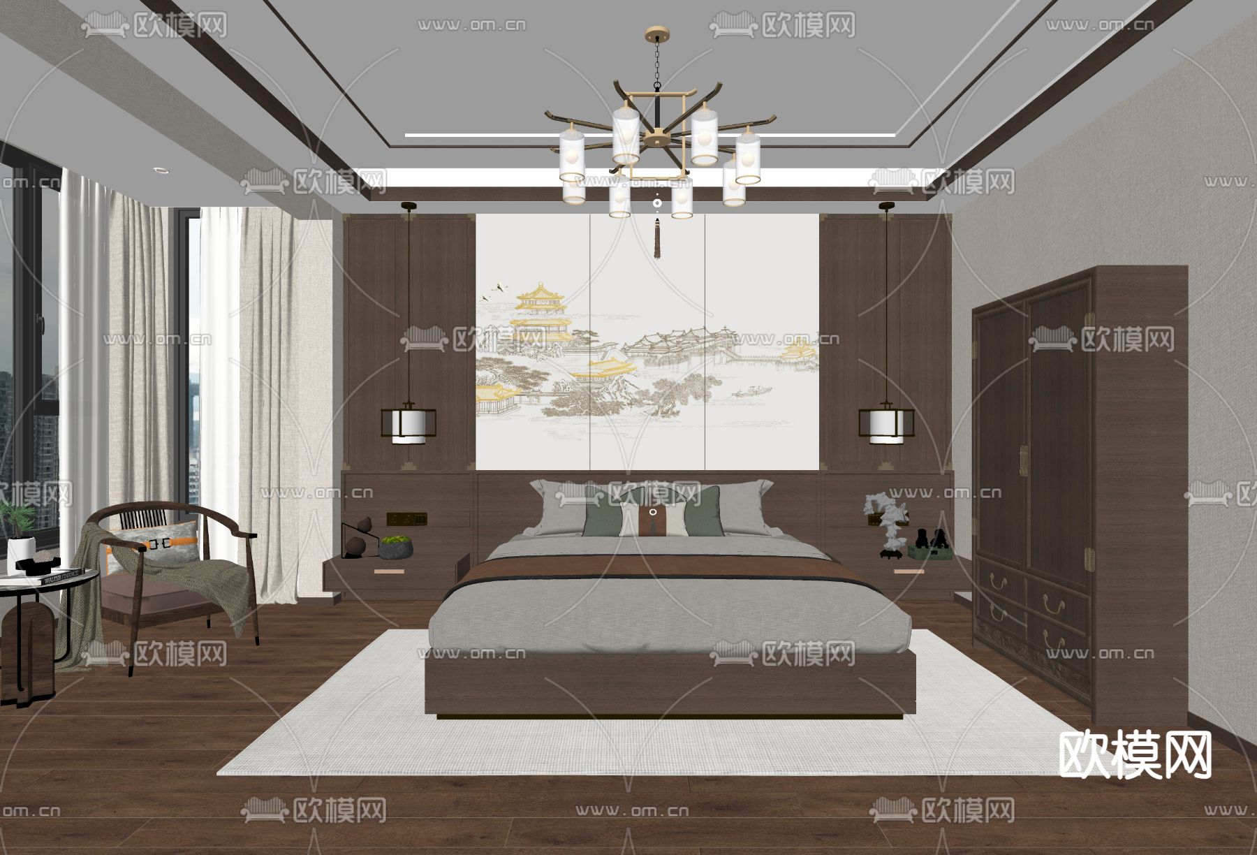 中式卧室su模型下载（渲染图2）