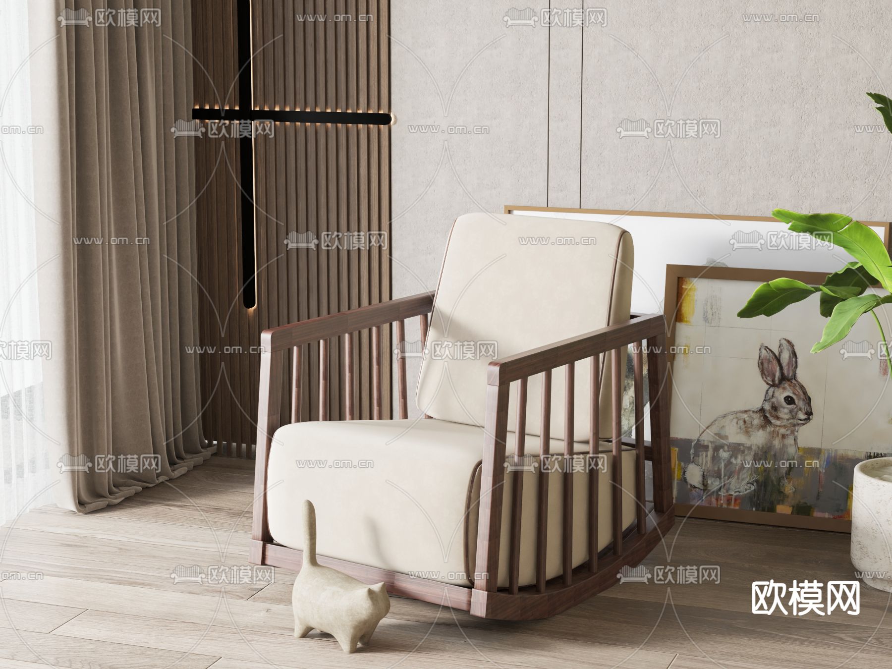 新中式休闲椅su模型下载（渲染图1）