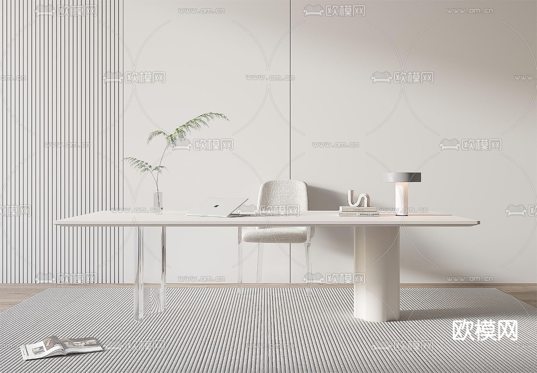 奶油风书桌椅su模型下载（渲染图1）