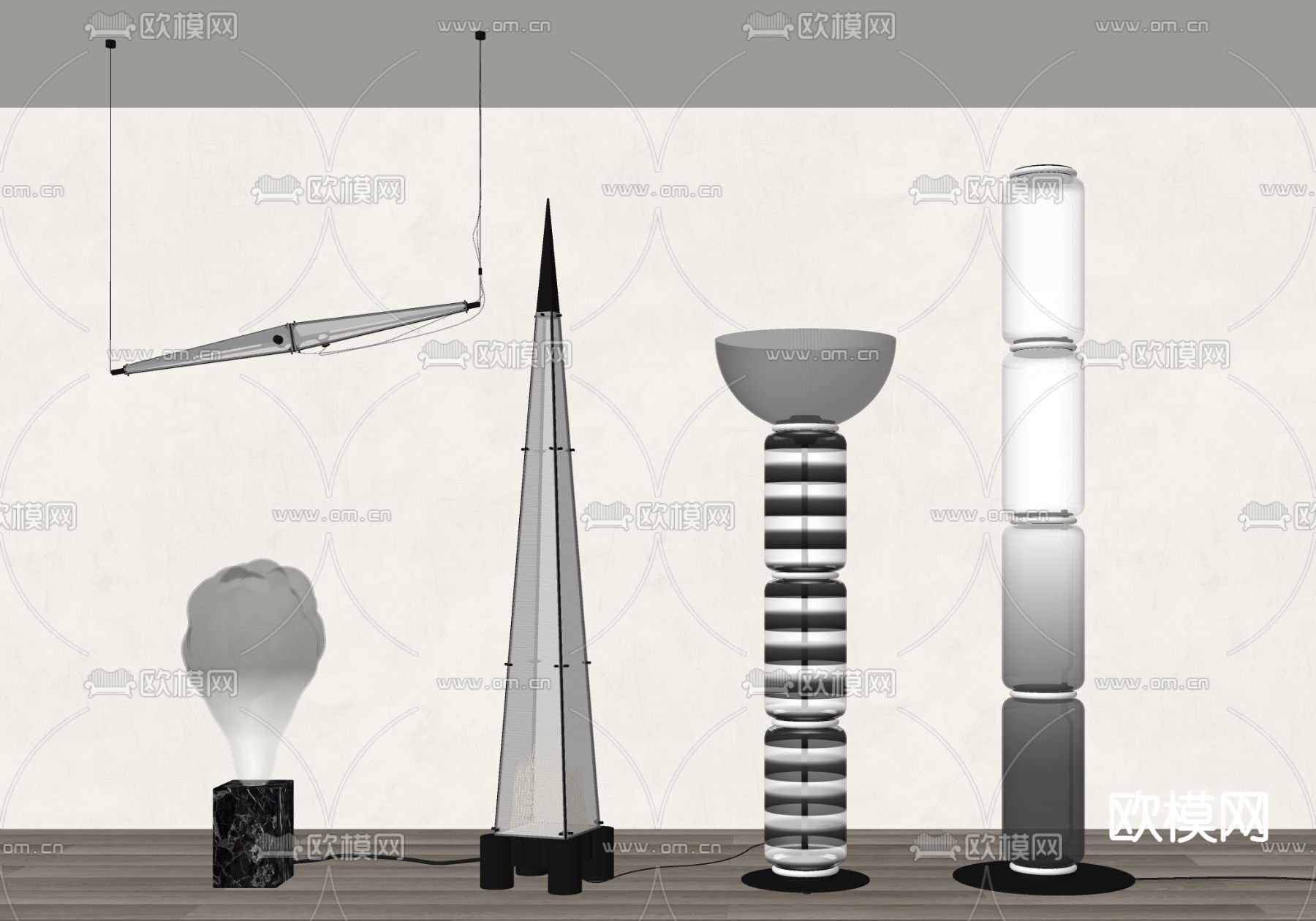 玻璃落地灯 飞船灯 莲藕灯su模型下载（渲染图2）