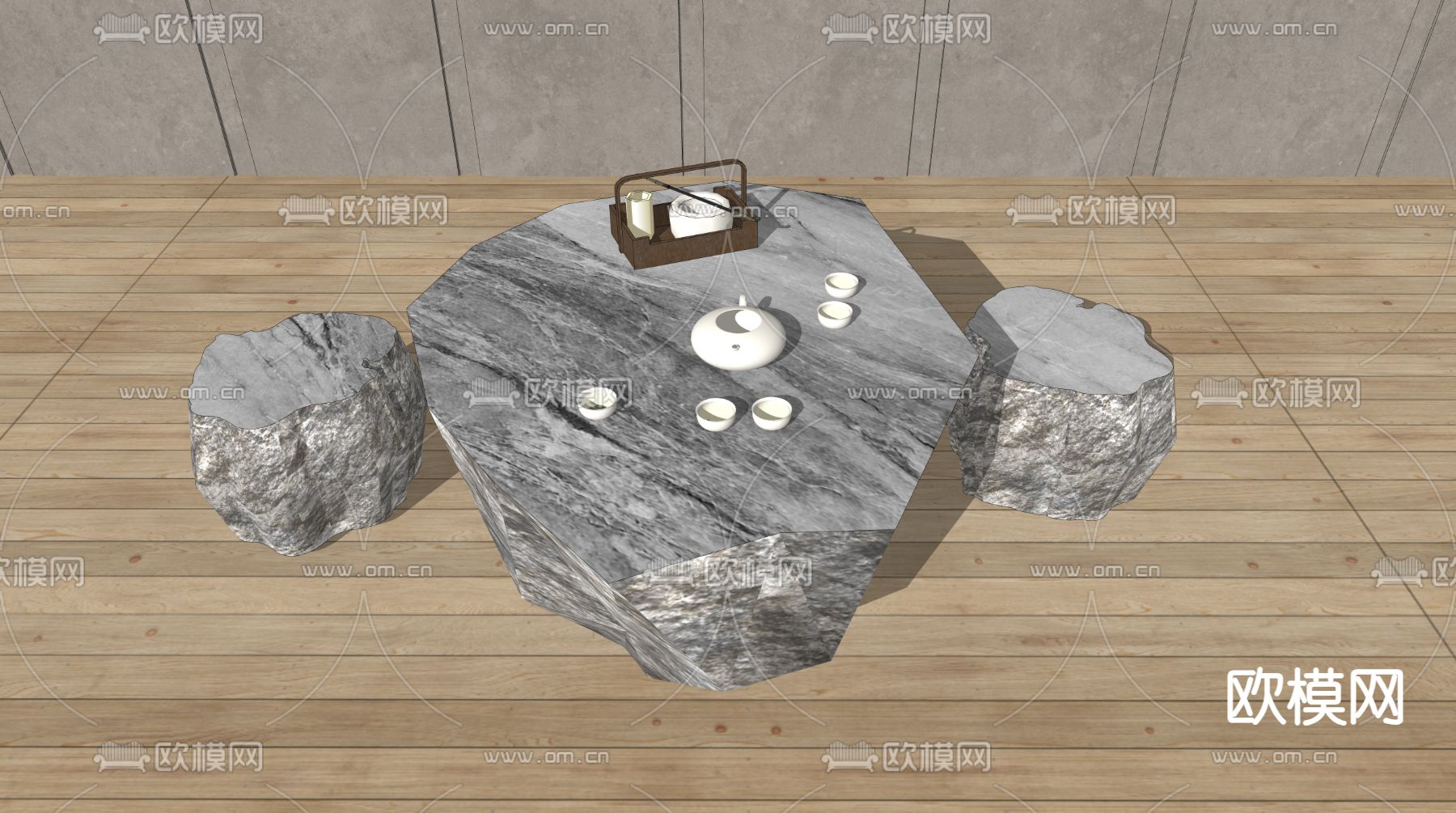 中式石桌石凳su模型下载（渲染图1）