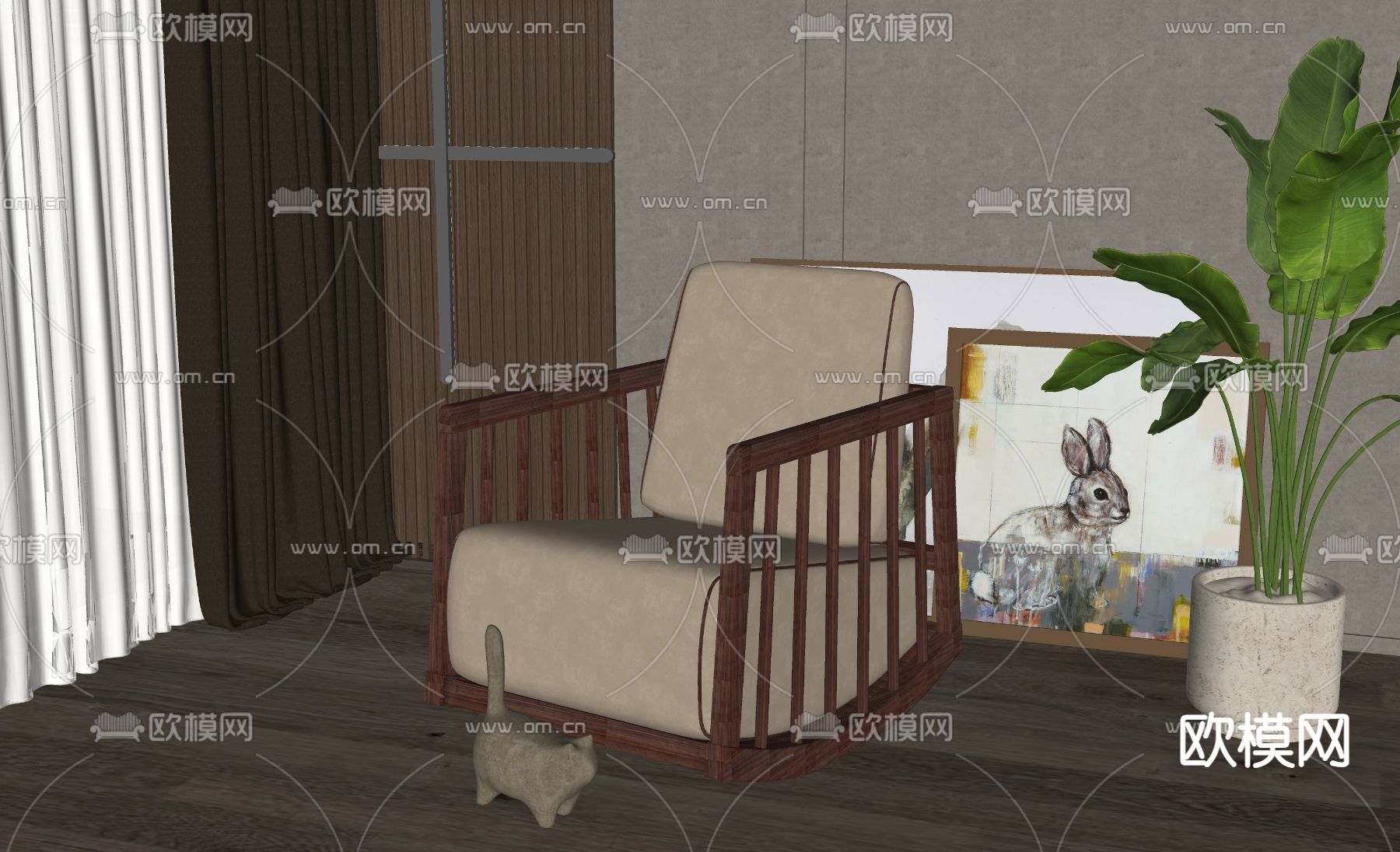 新中式休闲椅su模型下载（渲染图2）