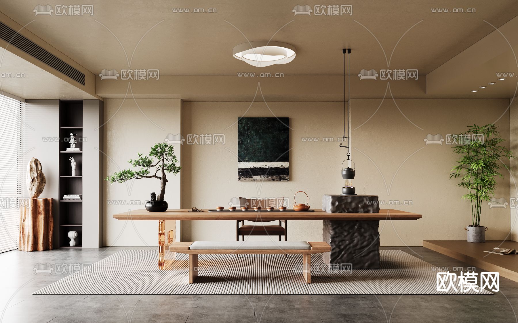 新中式茶室su模型下载（渲染图1）