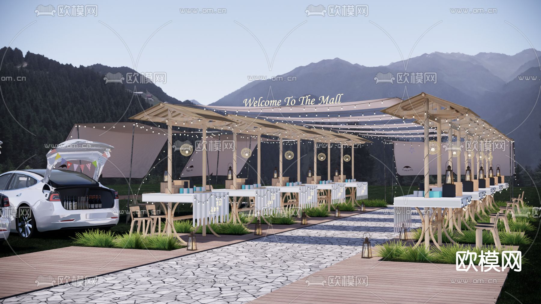 现代夜市摊位 户外商业街su模型下载