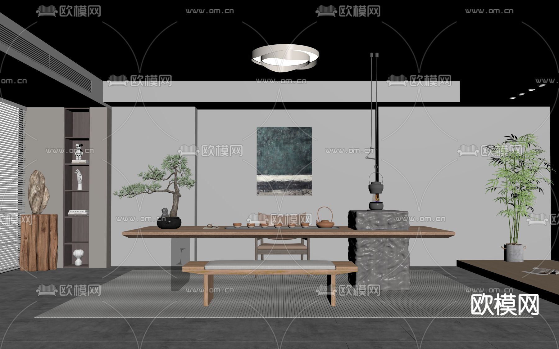 新中式茶室su模型下载（渲染图2）